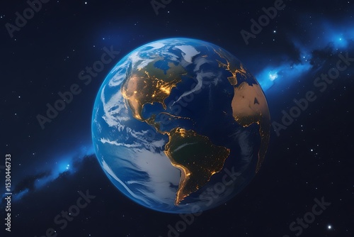 Earth at night from space with city lights and nebula