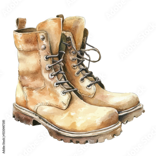 Combat Boots, watercolor drawing vector, isolated on a white background.