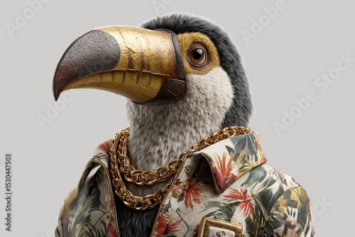 A funky toucan in a gangster tropical shirt and gold beak chain, smirking on solid white background.