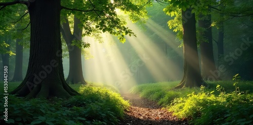 Misty morning in the Parisian forest, sunlight filtering through leaves, creating dappled light on the forest floor  Tranquil scene of nature's beauty within the city ,  atmosphere,  morning