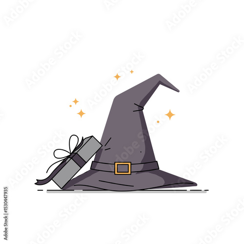 Whimsical cartoon witch holding a gift, surrounded by sparkling stars and magic