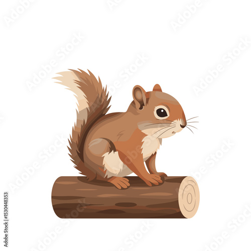 Cartoon squirrel sitting on a white background, showcasing its fluffy tail and curious expression