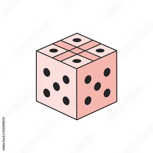 A stylized pink and red dice with visible dots, showcasing a playful design on a white background