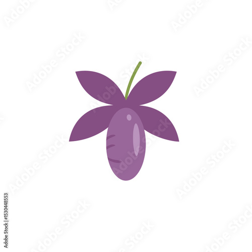 Vibrant purple fruit with green stem and leaves against a clean white background