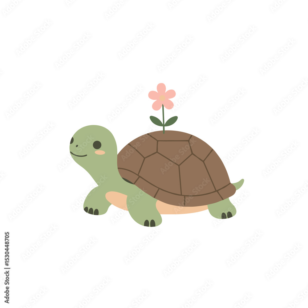 Obraz premium Cute cartoon turtle with a flower on its shell, set against a minimalist white background