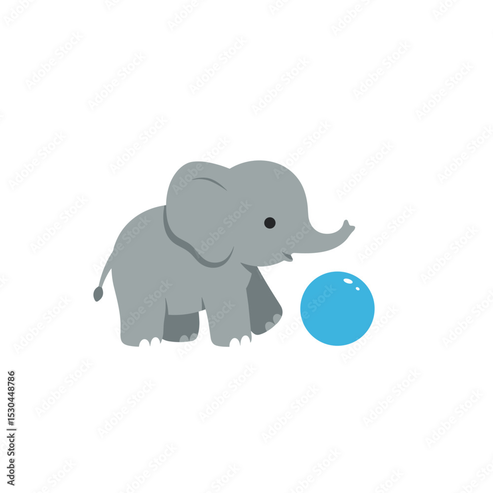Fototapeta premium Cute cartoon elephant playing with a blue ball in a minimalistic background