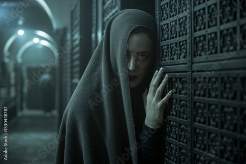 A person in a hooded garment is partially hidden in a dark, atmospheric hallway with ornate, patterned walls