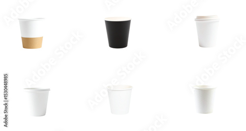 Set of isolated plastic cosmetic bottles and tubes with a blank white paper coffee cup