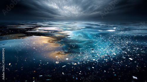 Black crude oil spilled, struggling to clean up a devastating oil spill from a tanker, nature ruined by human negligence. A global issue, threatening ocean wildlife and calling for urgent action