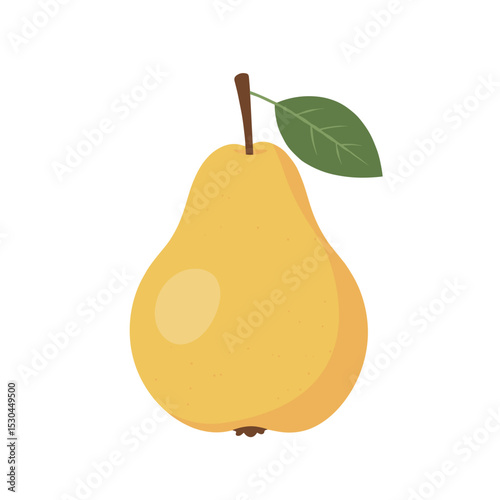 A vibrant yellow pear with a green leaf, set against a clean white background, ideal for food-related content