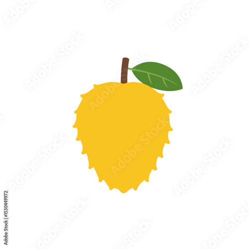 A vibrant yellow fruit with a green leaf on a simple white background, ideal for food-related themes
