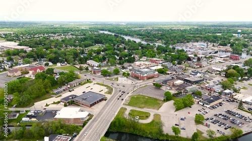 High Aerial View Of A Small Lake Town On A Sunny Day In Rural Illinois
