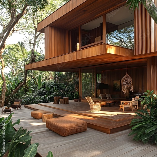 Modern Wood Bohemian House Interior, Minimalist Small Scandinavian Style, Cozy Rustic Charm, Natural Textures, Warm Lighting, Sustainable Decor, Eco-Friendly Design, Serene Ambiance (AI-generated)