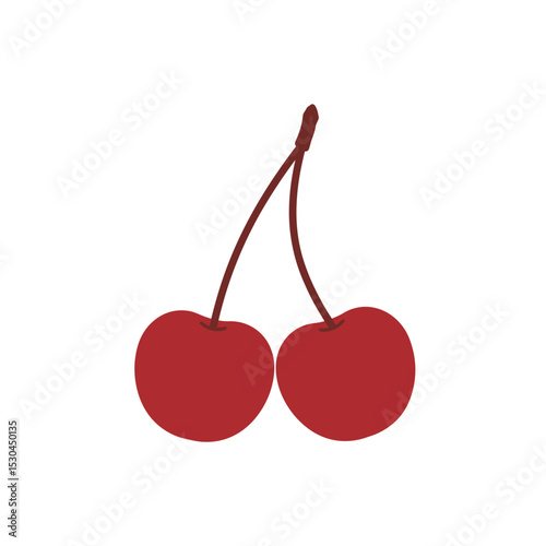 Two ripe cherries with green leaves on a white background, ideal for food-related designs