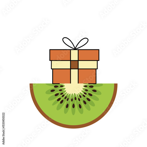 A vibrant gift box resting atop a sliced kiwi, symbolizing celebration and freshness