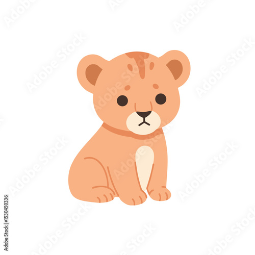 Cute cartoon lion cub sitting calmly against a plain white background, ideal for children's content