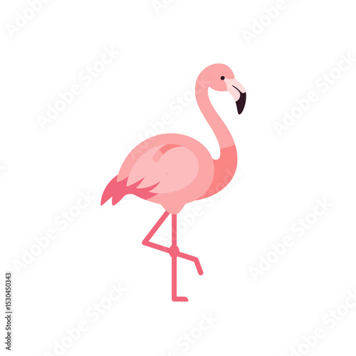 A vibrant pink flamingo stands gracefully against a minimalist white background