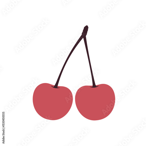 Two ripe cherries connected by their stems against a plain white background