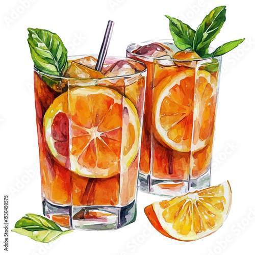 watercolor vector of Cold Citrus Tea Glasses, isolated on a white background.