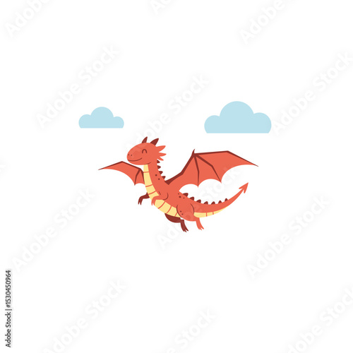 Cartoon dragon flying joyfully in a clear blue sky with fluffy clouds above