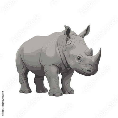 A detailed illustration of a rhinoceros standing confidently in a minimalist setting