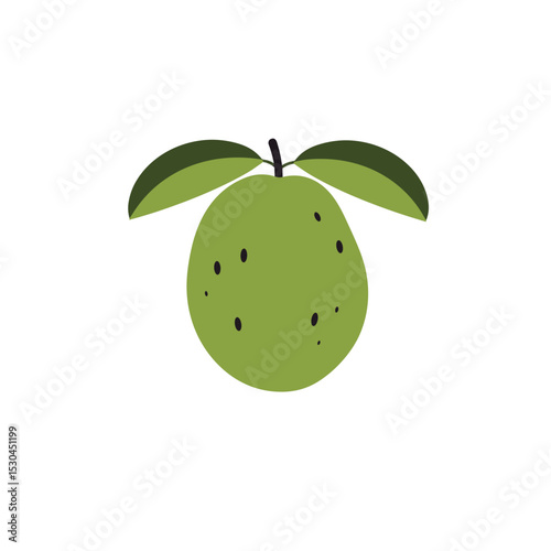 A vibrant green apple with lush leaves, set against a soft, blurred background