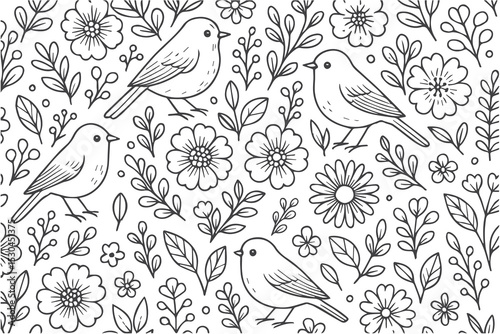 A delicate pattern of birds and blooming flowers, illustrated in bold black outlines, arranged gracefully on a clean and simple white background.

