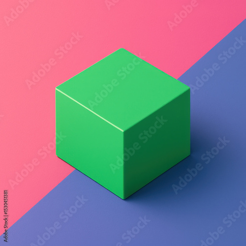 Green cube on colorful geometric background