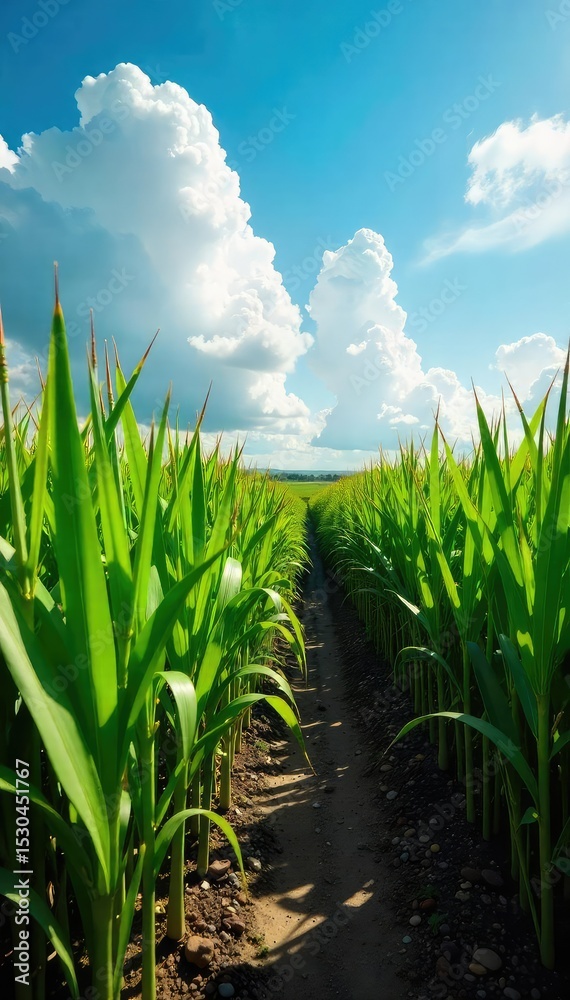 Fototapeta premium Sun-drenched sugarcane fields in Cuba, stretching to the horizon Lush green stalks sway gently in the breeze, ready for harvest A vibrant scene of Cuban agriculture and history , industry, sugar