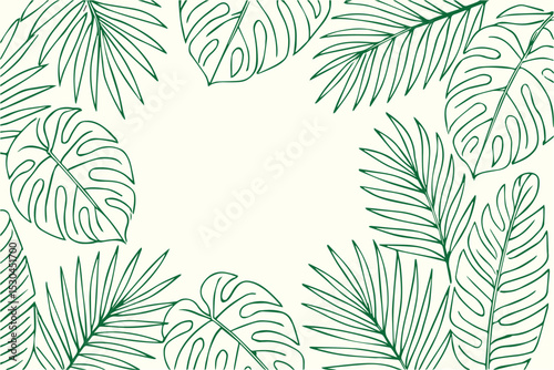 A vector tropical leaves and palms frame designed with green outlines, placed on a clean white background for elegant natural decoration.

