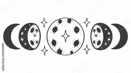 Stylized moon phases illustration with stars in a black and white celestial design aesthetic style created with generated ai