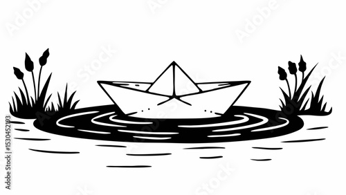 Paper boat floating on water with reeds on the sides in a simple black and white illustration style created with generated ai