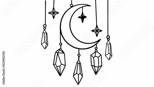 Crescent moon with hanging stars and crystals in black outline style vector illustration design element created with generated ai