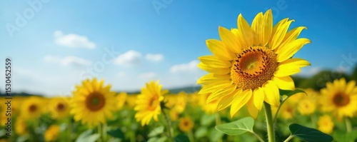 Vibrant yellow sunflowers, heads heavy with ripe oil seeds, sway gently in a summer field Golden petals shine against a clear blue sky A bountiful harvest is near , organic, crop