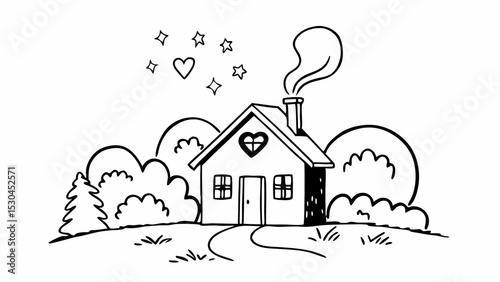 Illustration of a house with smoke coming from the chimney and stars and a heart above the house created with generated ai