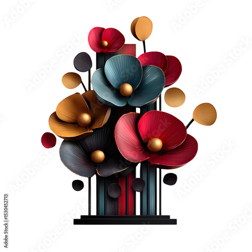 Metal wall decor with abstract floral design, isolated on transparent background