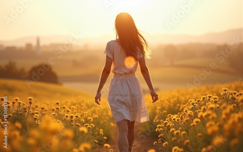 Beautiful girl walking on a field with flowers showing happiness and joy seeking freedom. World Mother Earth Day. People concept, wanderlust traveling and tourism lifestyle. High quality photo