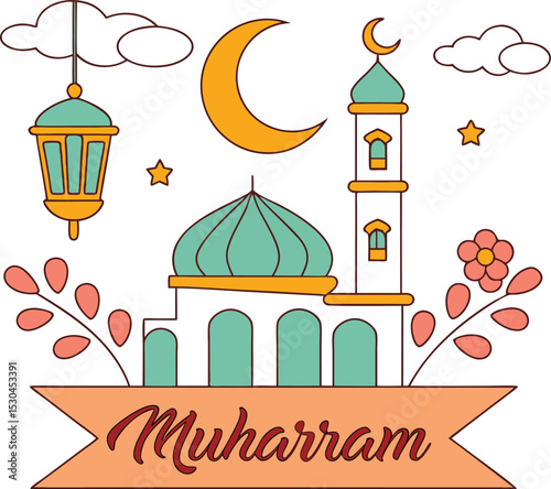 Festive Muharram Illustration – Mosque, Lanterns, and Floral Accents in Vibrant Flat Design