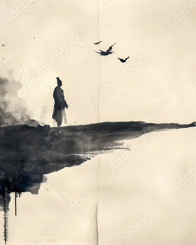 Traditional Japanese Watercolor Painting of Human Silhouette with Birds in the Background. Elegant Composition with Atmospheric Mood. Generative AI