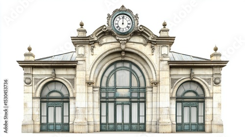A grand, ornate building with a clock tower and three large arched doorways. The building is made of stone and has a weathered, vintage appearance