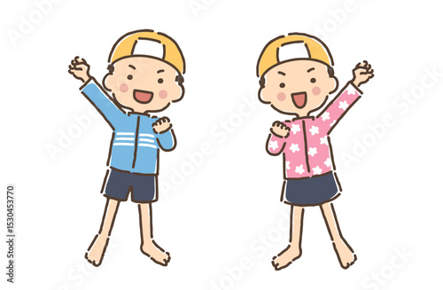 エイエイオーをしている水着の男の子と女の子