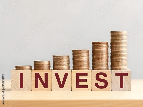 Growing stacks of coins on wooden blocks spelling invest