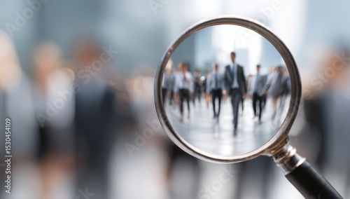 Magnifying glass focused on business people, blurred background
