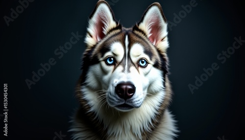 Striking Husky Portrait with Piercing Blue Eyes on a Deep Charcoal Background