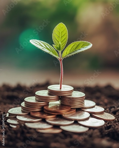 Growing plant sprouting from stack of coins in soil