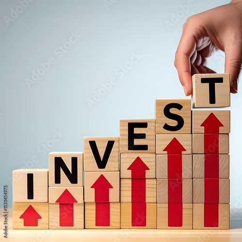 Wooden blocks spelling invest with upward red arrows showing growth and success