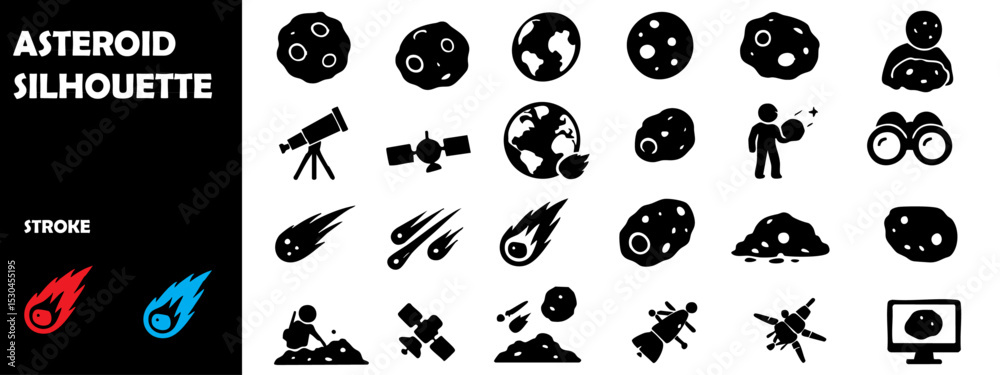 Obraz premium Outer Space Asteroid Silhouette Vector Set - Meteorites, Space Rocks, Cosmic Debris, and Orbit Paths