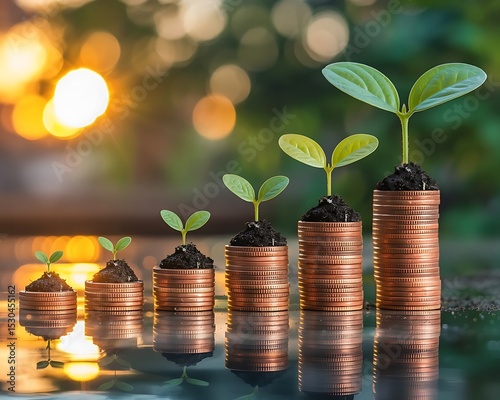 Growing money concept with plants on stacks of coins at sunset
