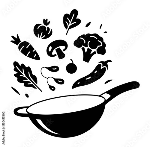 Cooking vegetables in a wok pan illustration black and white