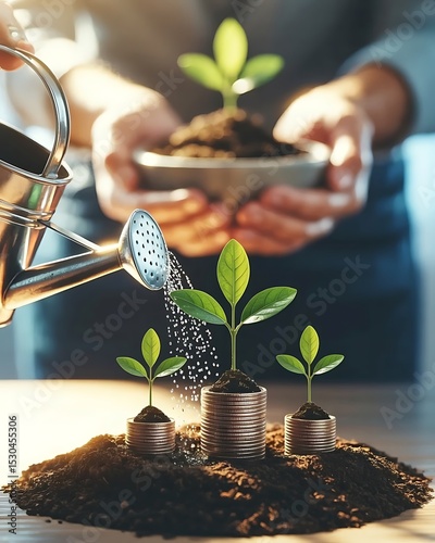 Watering young plants growing from stacks of coins representing financial growth and investment